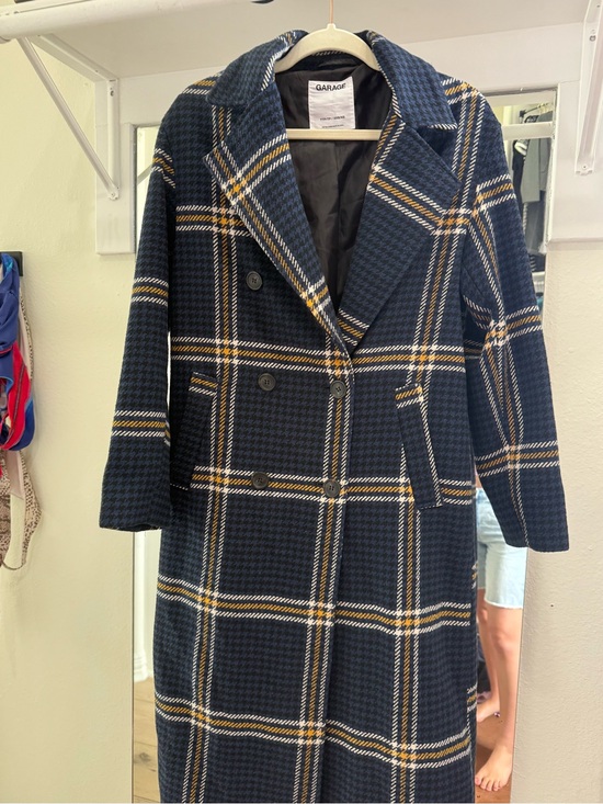 Garage Jackets & Blazers - Garage Navy Plaid Double-Breasted Trench Coat with Cream Accents